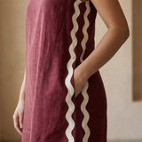 Maroon Handspun Cotton Wavy Stripe Short Shift Dress