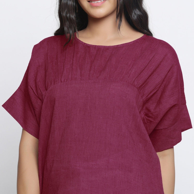 Front Detail of a Model wearing Handspun Maroon Yoked Top