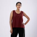 Maroon Handspun Yarn-Dyed Cotton V-Neck Top