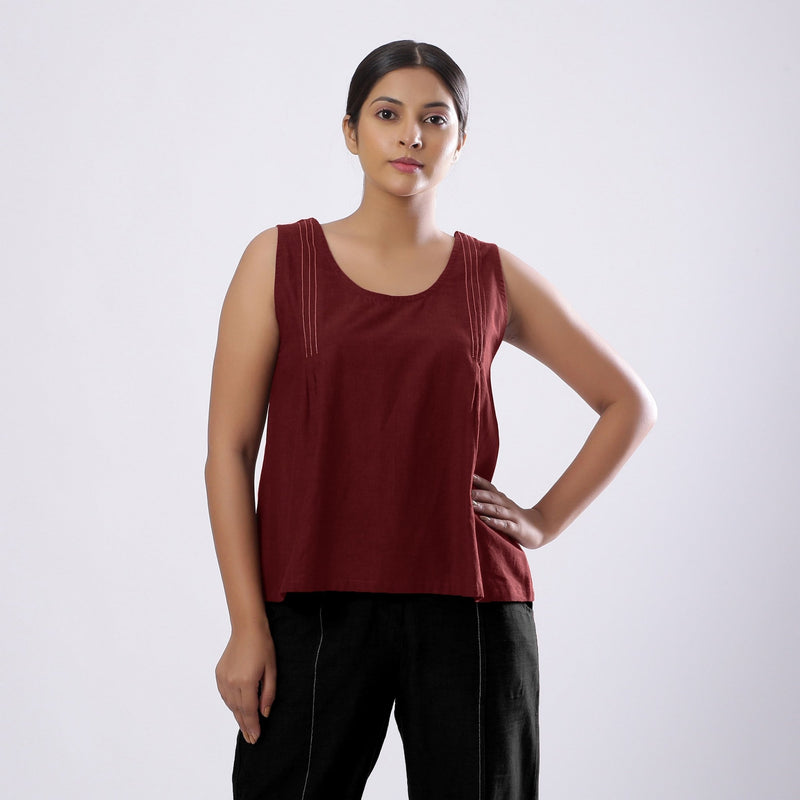 Maroon Handspun Yarn-Dyed Cotton V-Neck Top