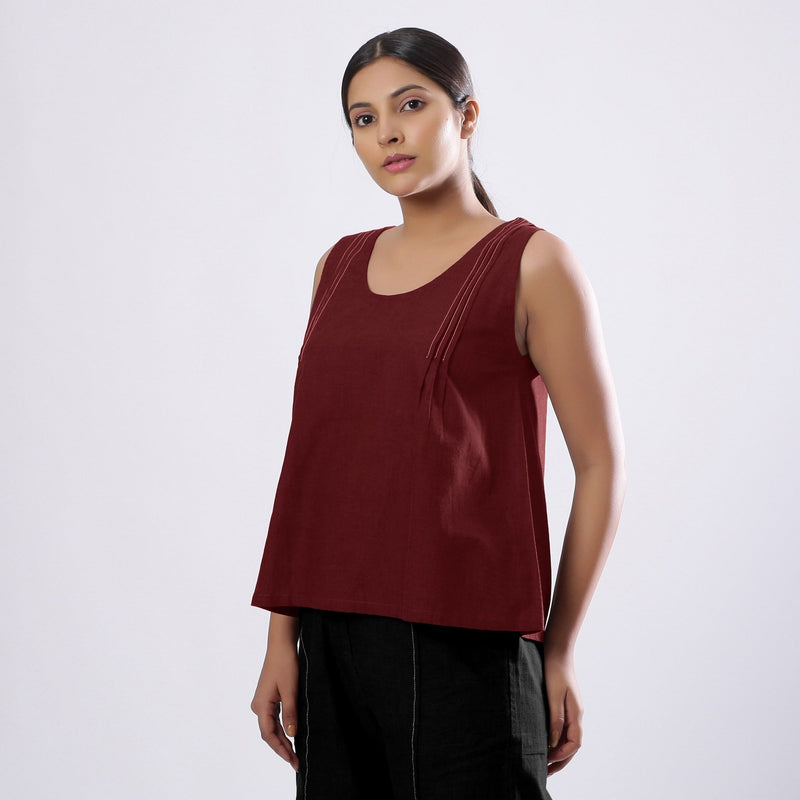 Maroon Handspun Yarn-Dyed Cotton V-Neck Top