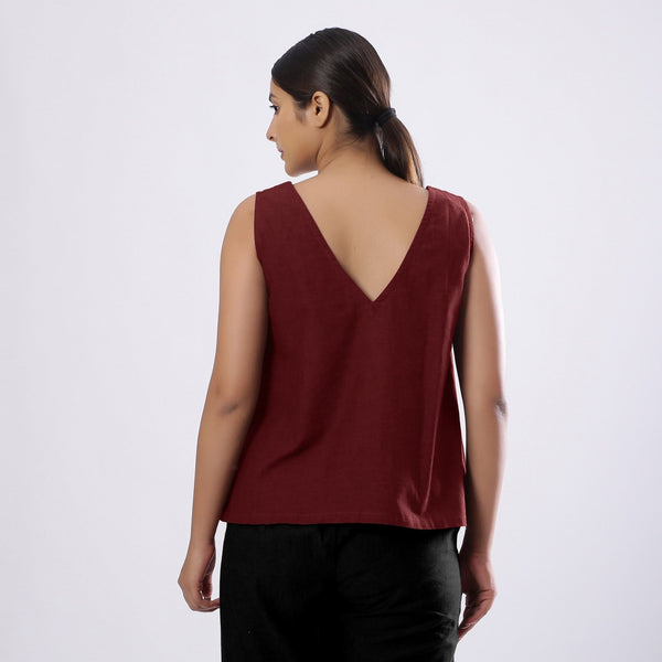 Maroon Handspun Yarn-Dyed Cotton V-Neck Top