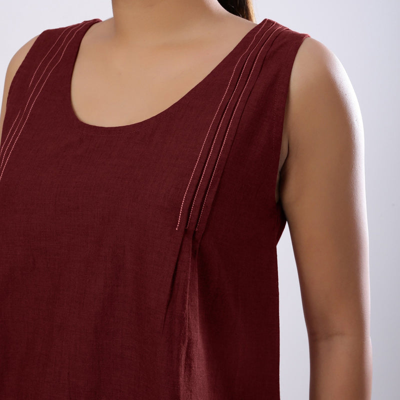 Maroon Handspun Yarn-Dyed Cotton V-Neck Top