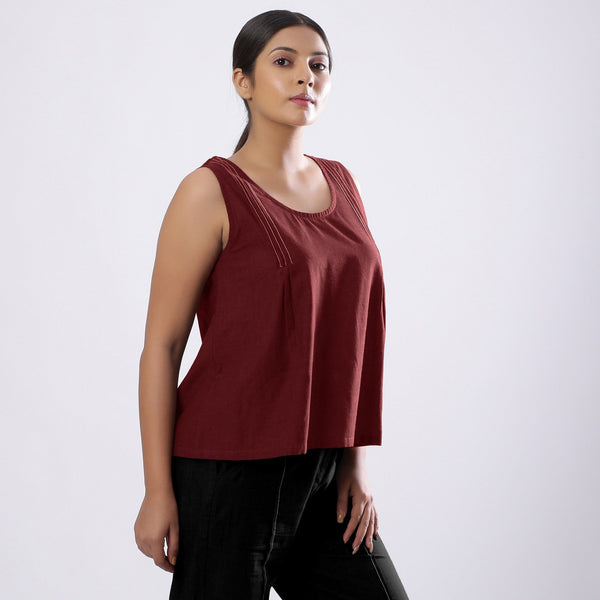 Maroon Handspun Yarn-Dyed Cotton V-Neck Top