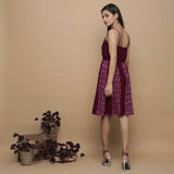 Maroon Ikat Handwoven Cotton Paneled Knee Length Dress