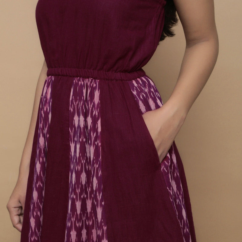 Front Detail of a Model wearing Maroon Ikat Handwoven Cotton Paneled Knee Length Dress