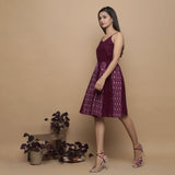 Maroon Ikat Handwoven Cotton Paneled Knee Length Dress