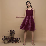 Maroon Ikat Handwoven Cotton Paneled Knee Length Dress