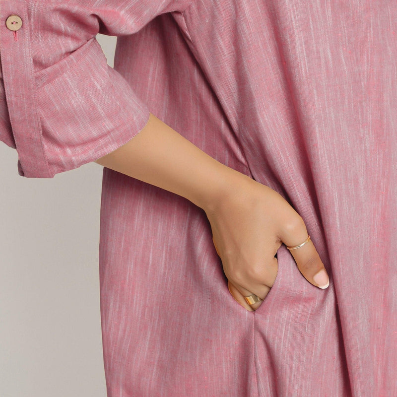 Right Detail of a Model wearing Maroon Lapel Collar Cotton Overlay