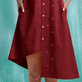 Maroon Mirror Work Cotton Knee Length Asymmetrical Dress