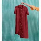 Maroon Mirror Work Cotton Knee Length Asymmetrical Dress