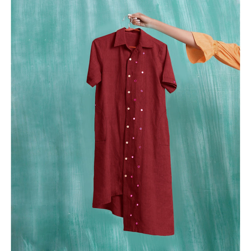 Maroon Mirror Work Cotton Knee Length Asymmetrical Dress
