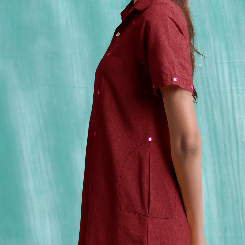 Maroon Mirror Work Cotton Knee Length Asymmetrical Dress