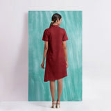 Maroon Mirror Work Cotton Knee Length Asymmetrical Dress