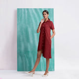 Maroon Mirror Work Cotton Knee Length Asymmetrical Dress
