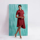 Maroon Mirror Work Cotton Knee Length Asymmetrical Dress