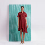 Maroon Mirror Work Cotton Knee Length Asymmetrical Dress