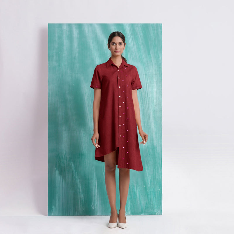 Maroon Mirror Work Cotton Knee Length Asymmetrical Dress