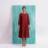 Maroon Mirror Work Embroidered Cotton Paneled Midi Dress