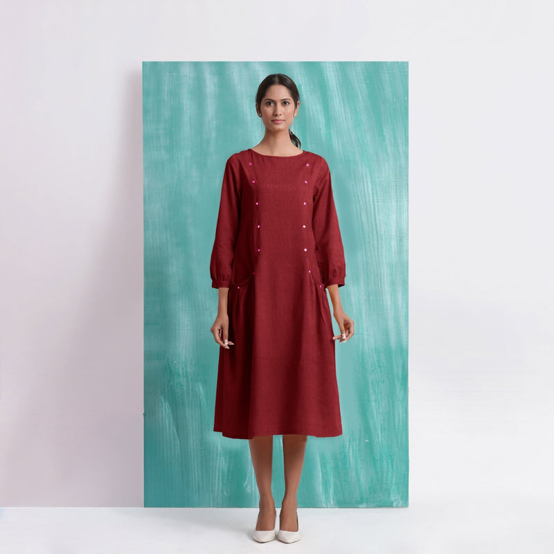 Maroon Mirror Work Embroidered Cotton Paneled Midi Dress