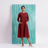 Maroon Mirror Work Embroidered Cotton Paneled Midi Dress