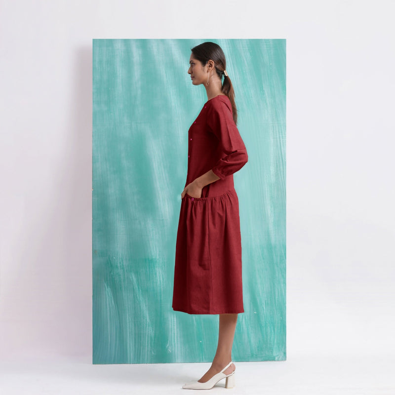 Maroon Mirror Work Embroidered Cotton Paneled Midi Dress
