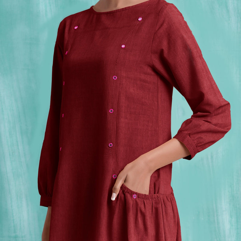 Maroon Mirror Work Embroidered Cotton Paneled Midi Dress