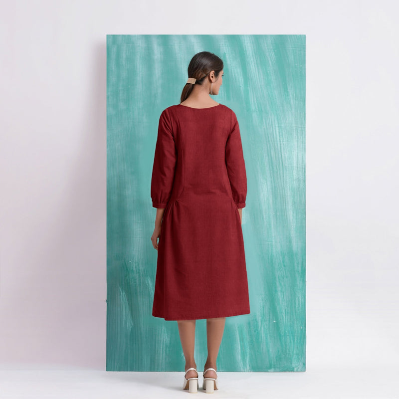 Maroon Mirror Work Embroidered Cotton Paneled Midi Dress