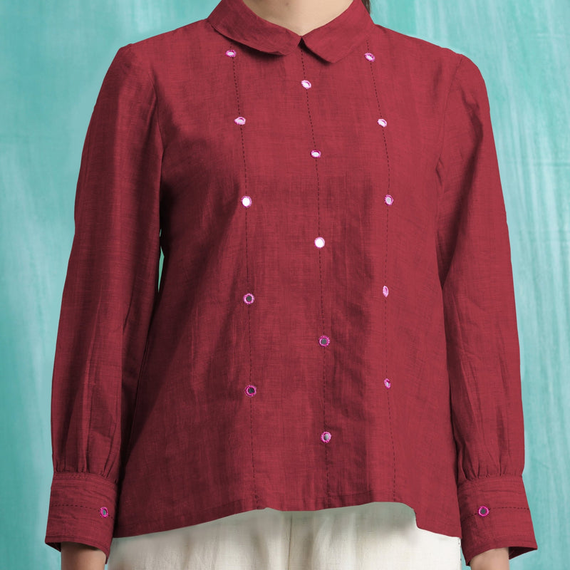 Maroon Mirror Work Handspun Cotton Blouse Top