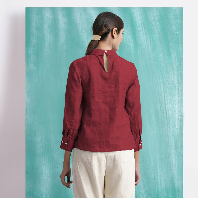 Maroon Mirror Work Handspun Cotton Blouse Top