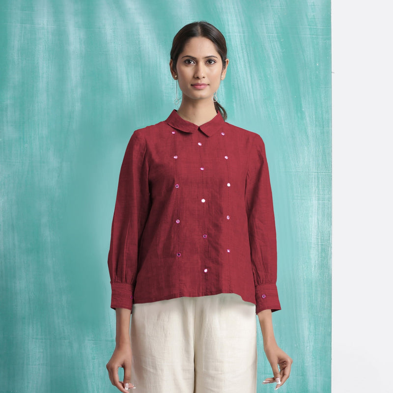 Maroon Mirror Work Handspun Cotton Blouse Top