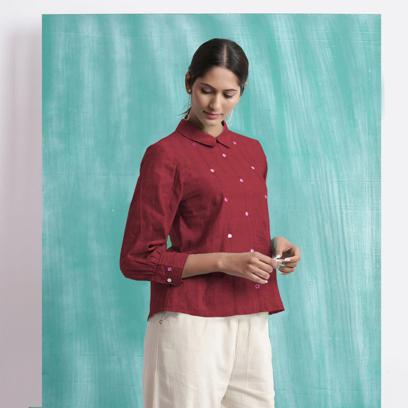 Maroon Mirror Work Handspun Cotton Blouse Top