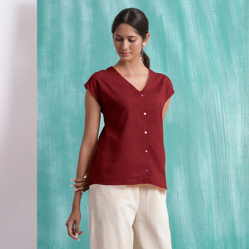 Maroon Mirror Work Handspun Cotton Drop Shoulder Top