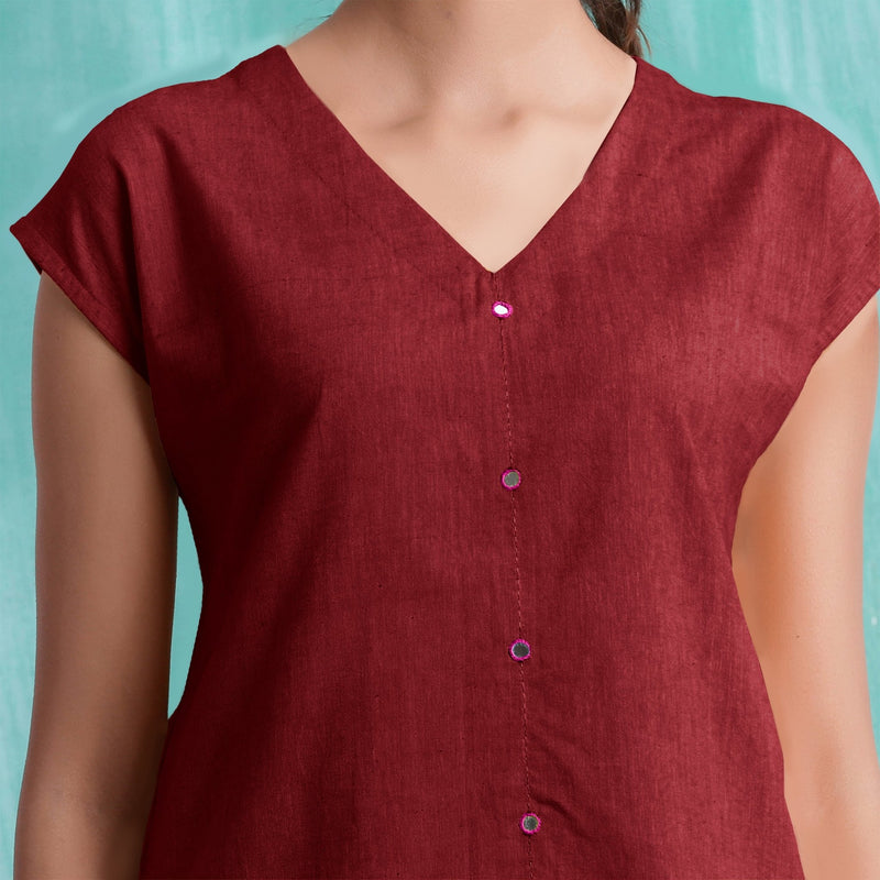 Maroon Mirror Work Handspun Cotton Drop Shoulder Top