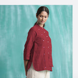 Maroon Mirror Work Handspun Cotton Mandarin Collar Top