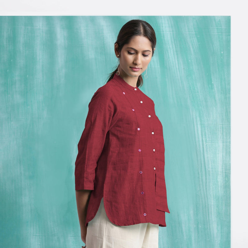 Maroon Mirror Work Handspun Cotton Mandarin Collar Top