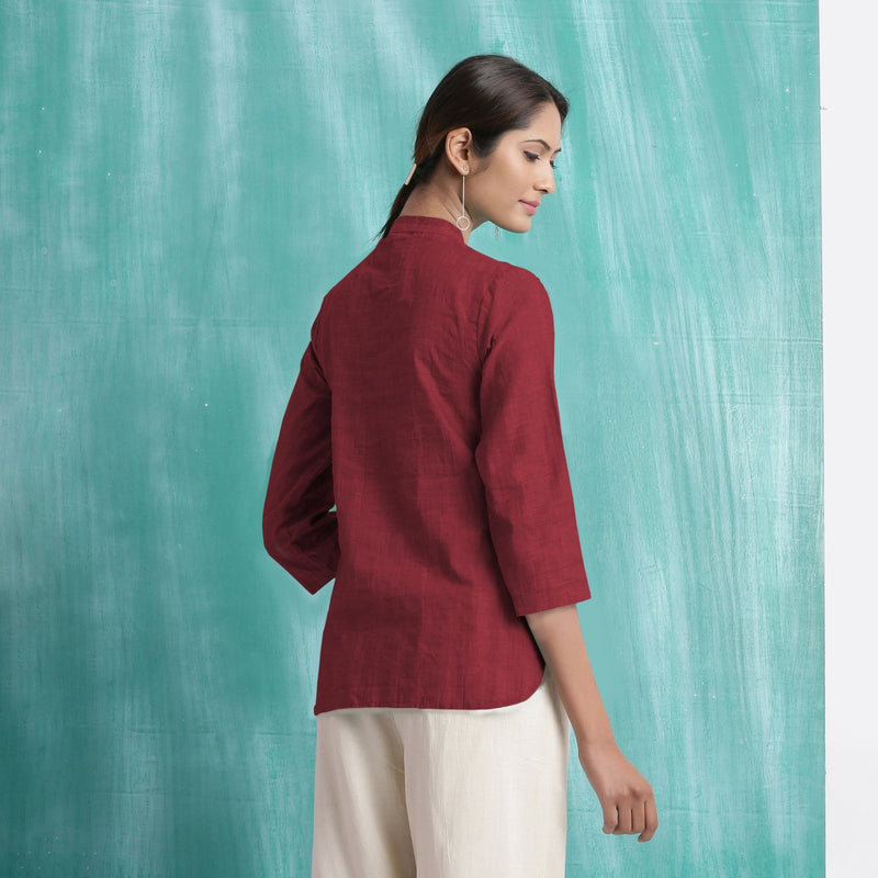 Maroon Mirror Work Handspun Cotton Mandarin Collar Top