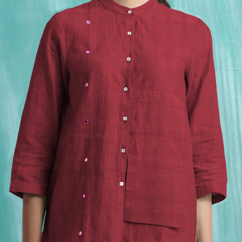 Maroon Mirror Work Handspun Cotton Mandarin Collar Top