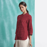Maroon Mirror Work Handspun Cotton Mandarin Collar Top