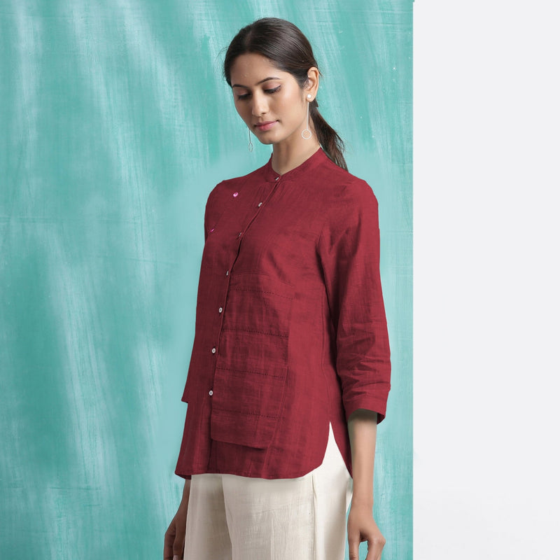 Maroon Mirror Work Handspun Cotton Mandarin Collar Top