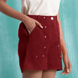 Maroon Mirror Work Handspun Cotton Mid-Rise Elasticated Shorts