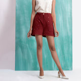 Maroon Mirror Work Handspun Cotton Mid-Rise Elasticated Shorts