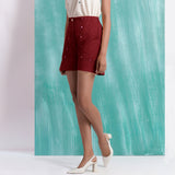 Maroon Mirror Work Handspun Cotton Mid-Rise Elasticated Shorts