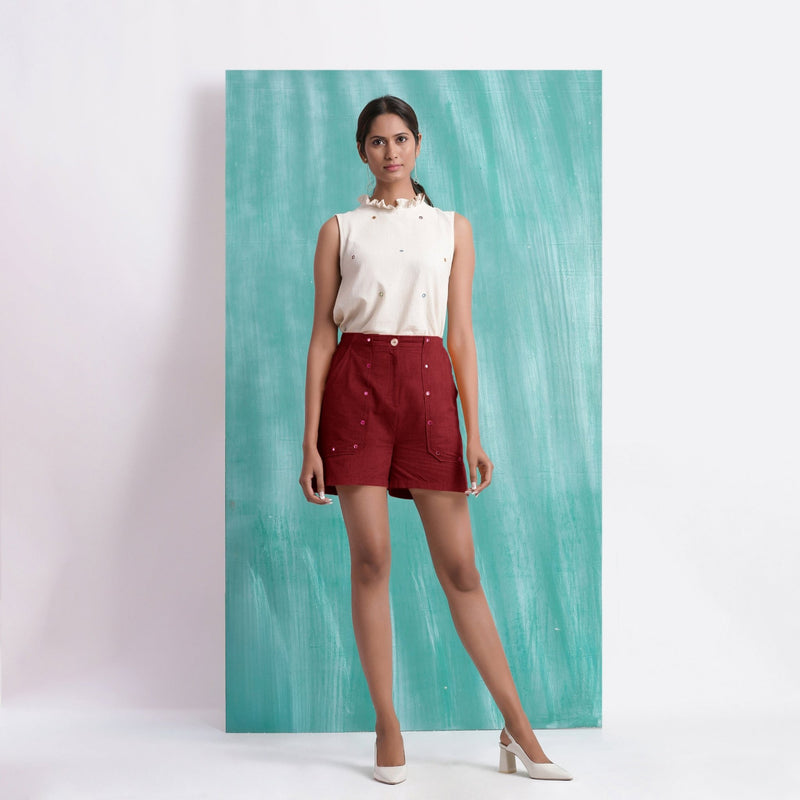 Maroon Mirror Work Handspun Cotton Mid-Rise Elasticated Shorts