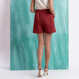 Maroon Mirror Work Handspun Cotton Mid-Rise Elasticated Shorts