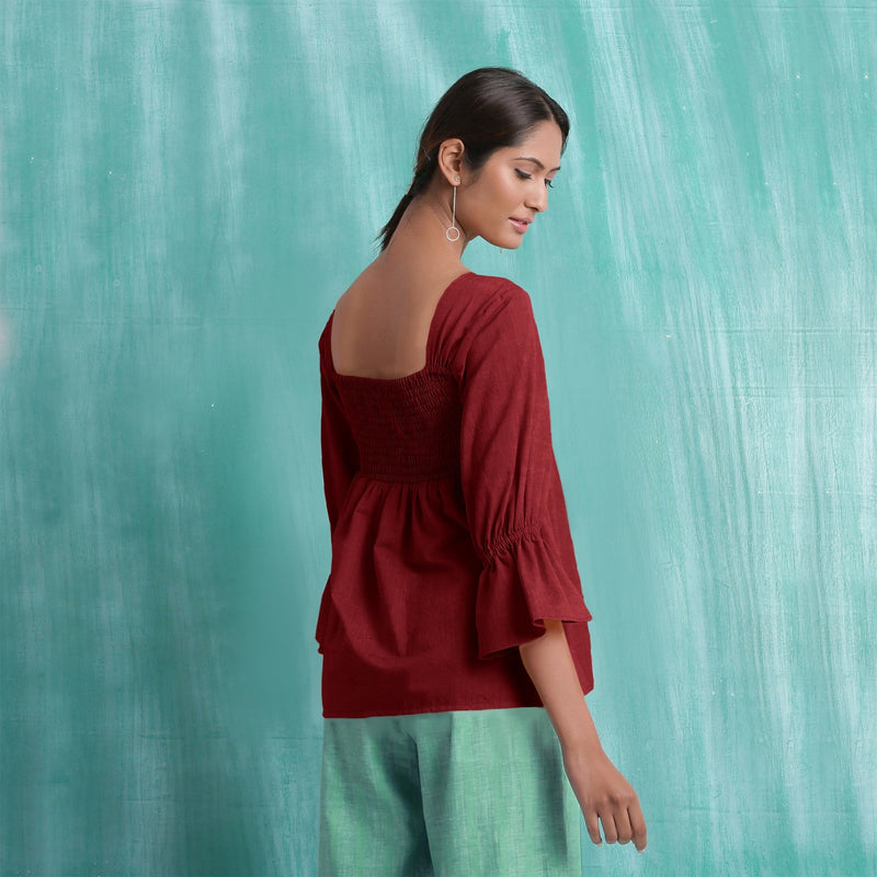 Maroon Mirror Work Handspun Cotton Poet Sleeves Yoked Top