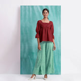 Maroon Mirror Work Handspun Cotton Poet Sleeves Yoked Top