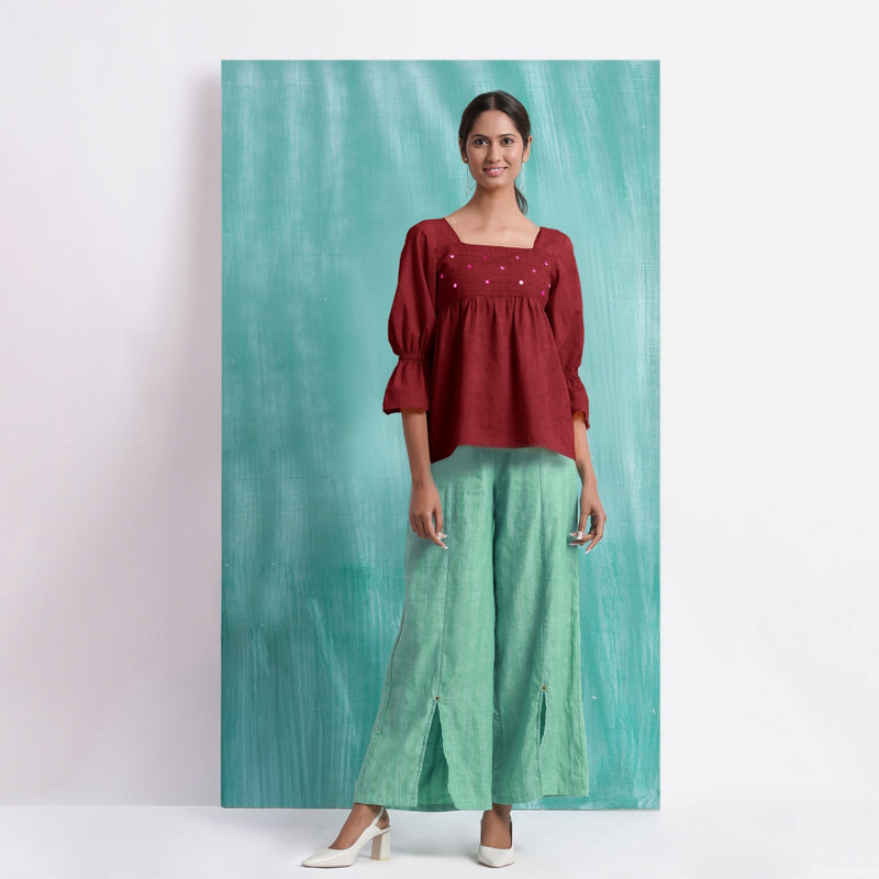 Maroon Mirror Work Handspun Cotton Poet Sleeves Yoked Top