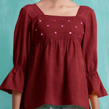 Maroon Mirror Work Handspun Cotton Poet Sleeves Yoked Top