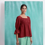 Maroon Mirror Work Handspun Cotton Poet Sleeves Yoked Top
